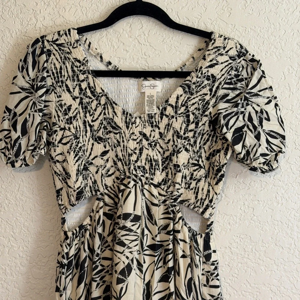 Jessica Simpson Dress Women L Black Leaf Print Smocked Waist Cutout NEW - Picture 4 of 11